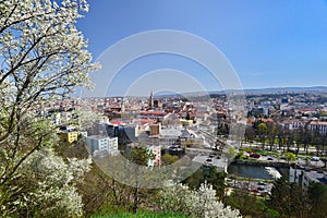 View of the Cluj-Napoca curches, in spring, from Cetatuia hill. photo